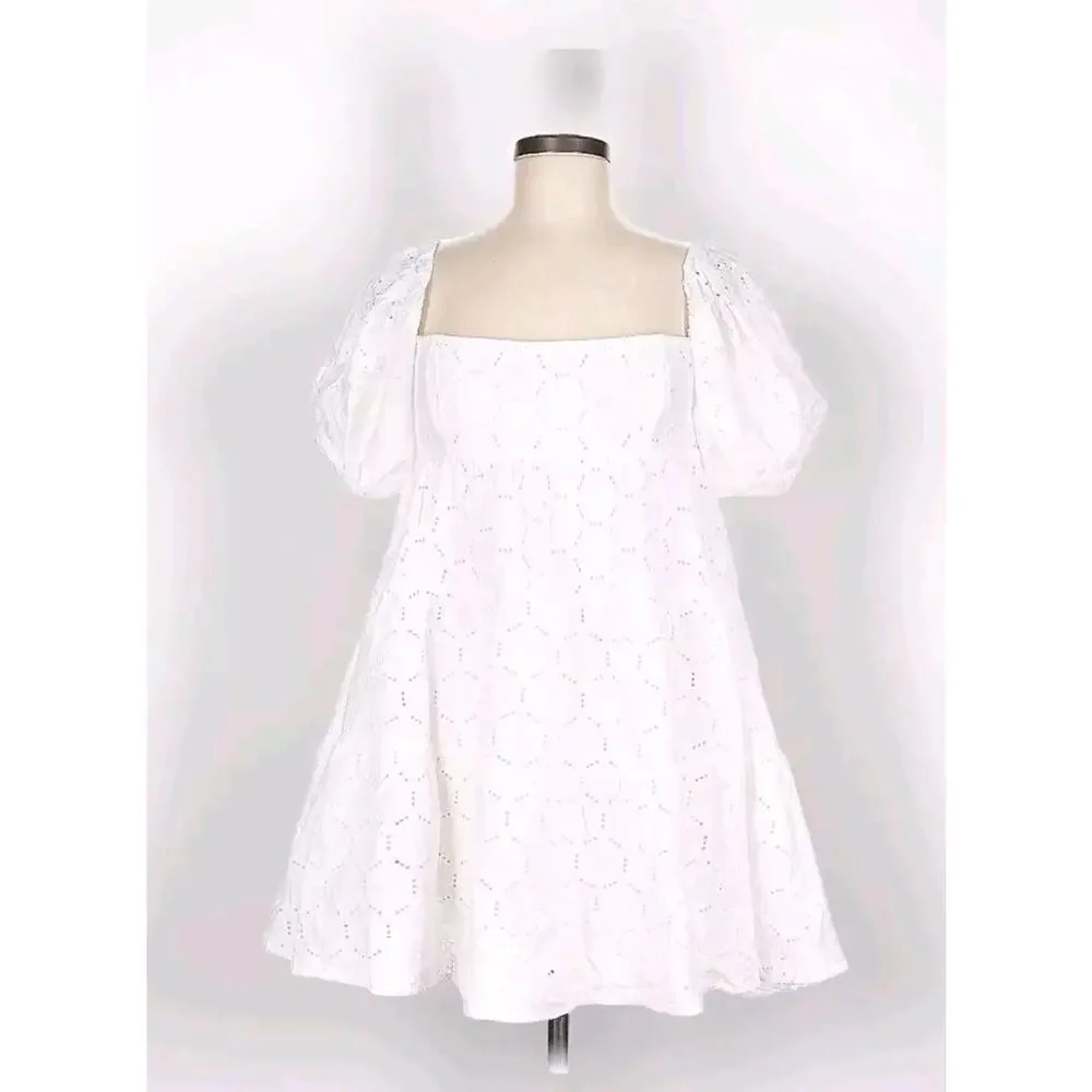 Bardot Womens 6 Babydoll Dress Sofia Eyelet Mini White Revolve Lace Off Shoulder - Picture 3 of 12